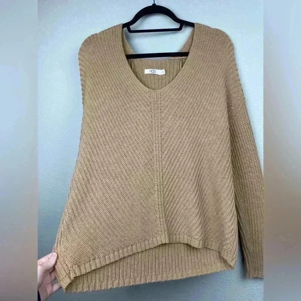 UGG Women's XS Camel Criss V-Neck Pullover Sweater Relaxed Cotton Casual Lounge - Picture 8 of 13